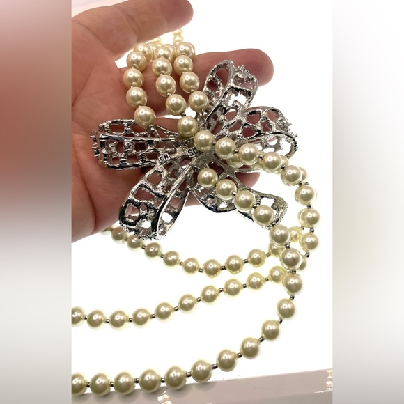 Vintage Signed Scaasi Pearl Necklace Crystal Bow Bold Statement Piece 80s 90s - Picture 8 of 10